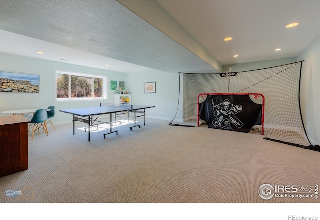 game room featuring carpet, baseboards, and recessed lighting