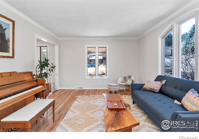 living room with a textured ceiling, light wood finished floors, visible vents, and crown molding