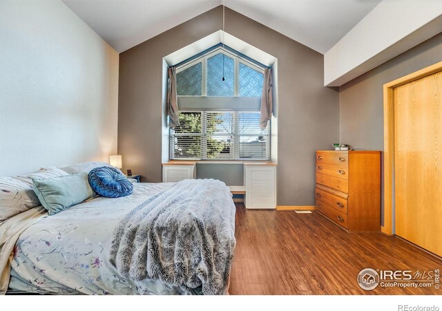 bedroom with baseboards, vaulted ceiling, and wood finished floors