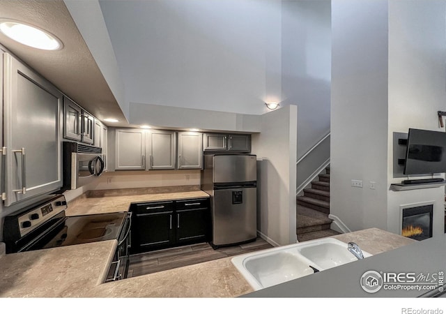 1004 Lucca Dr, Evans, CO 80620 - kitchen featuring a glass covered fireplace, light countertops, appliances with stainless steel finishes, a sink, and wood finished floors