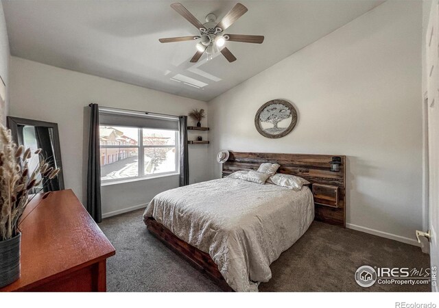 1004 Lucca Dr, Evans, CO 80620 - carpeted bedroom with baseboards, ceiling fan, and lofted ceiling