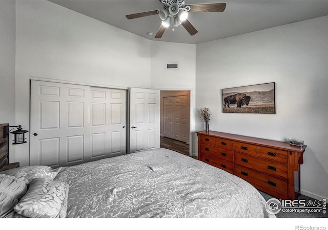 1004 Lucca Dr, Evans, CO 80620 - bedroom featuring a closet, high vaulted ceiling, a ceiling fan, and visible vents