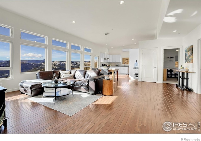 living room with hardwood / wood-style floors, a mountain view, and recessed lighting