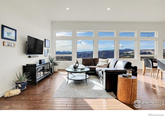 living room featuring hardwood / wood-style flooring, a mountain view, and recessed lighting