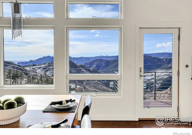 dining room featuring baseboards, a mountain view, and wood finished floors