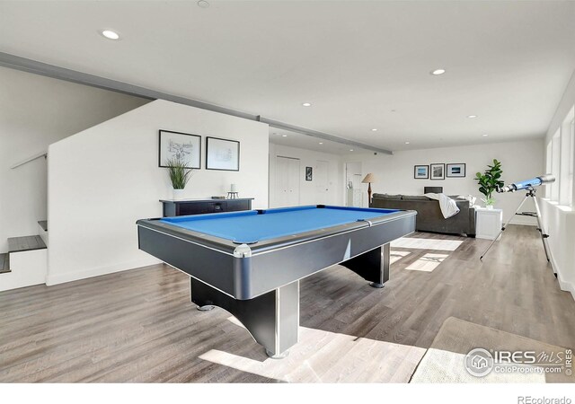 rec room featuring pool table, wood finished floors, and recessed lighting