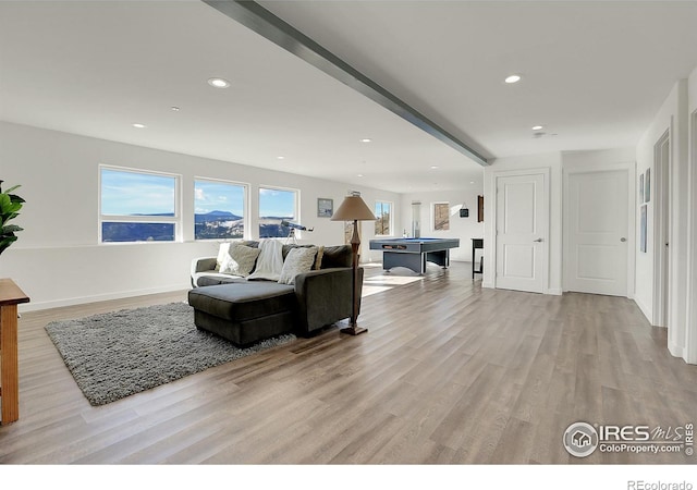 living room featuring light wood finished floors, recessed lighting, baseboards, and pool table