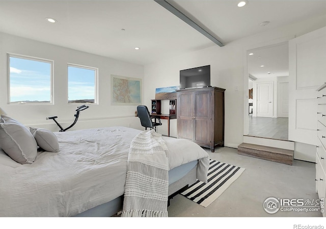 bedroom with finished concrete flooring, beam ceiling, and recessed lighting