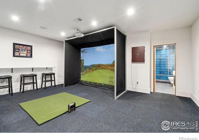 game room with baseboards, visible vents, golf simulator, and recessed lighting