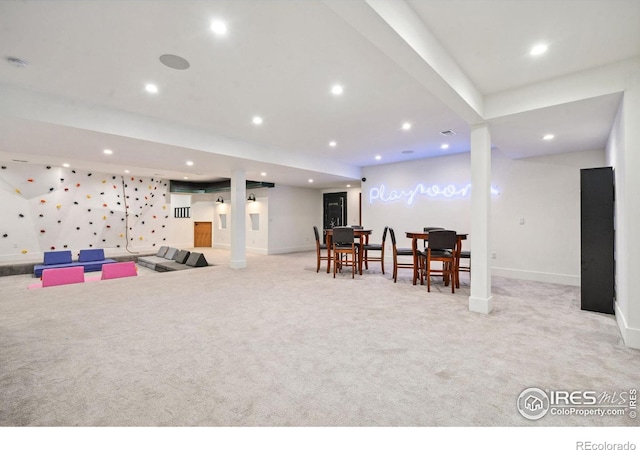 recreation room featuring recessed lighting, carpet flooring, and baseboards