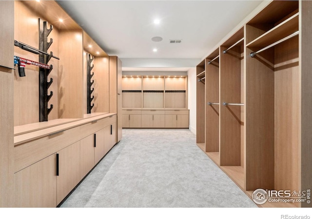 spacious closet with visible vents and light colored carpet