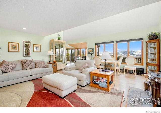 living area featuring a textured ceiling, wood finished floors, and recessed lighting