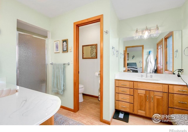 ensuite bathroom featuring toilet, wood finished floors, vanity, baseboards, and a stall shower