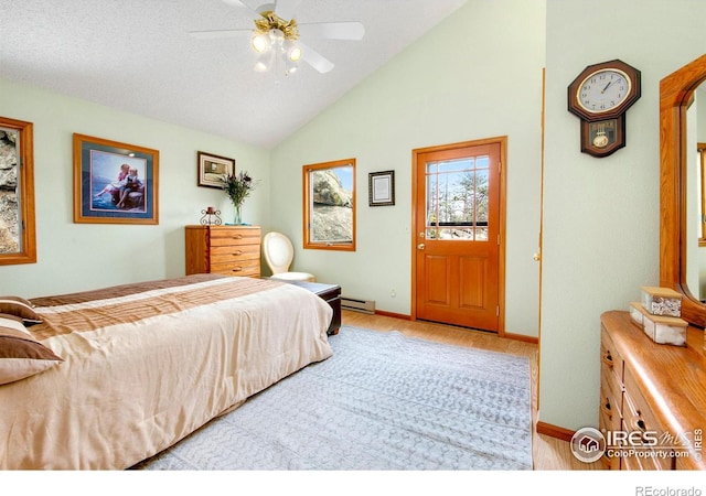 bedroom with baseboards, a ceiling fan, lofted ceiling, a baseboard radiator, and light wood-style floors