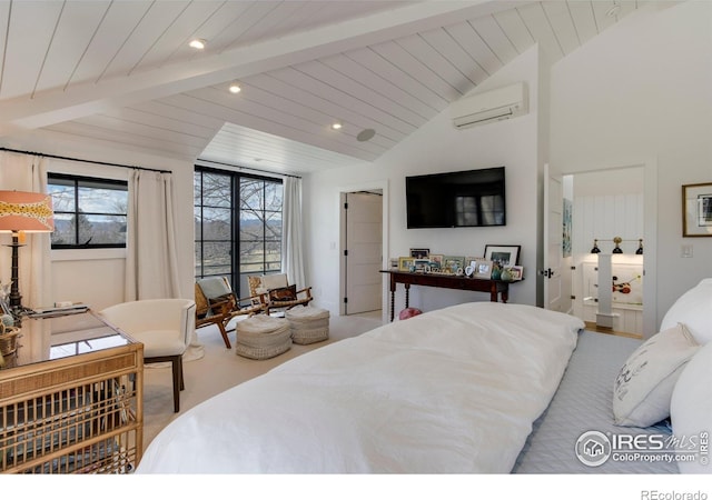 bedroom with lofted ceiling with beams, a wall unit AC, recessed lighting, carpet floors, and wood ceiling