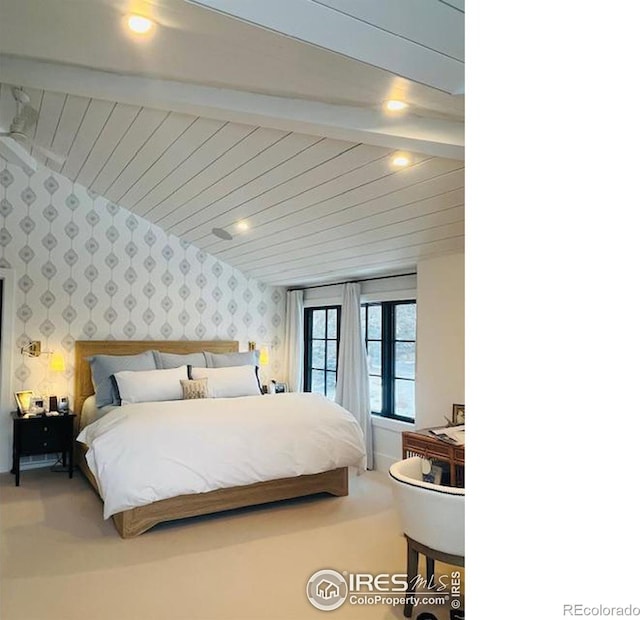 bedroom with recessed lighting, an accent wall, carpet floors, beam ceiling, and wallpapered walls