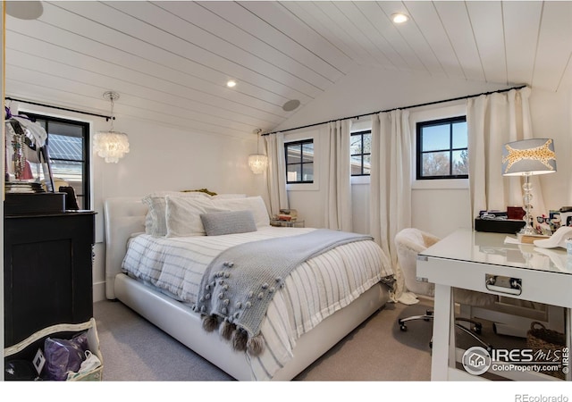 bedroom with lofted ceiling, wooden ceiling, carpet flooring, and recessed lighting