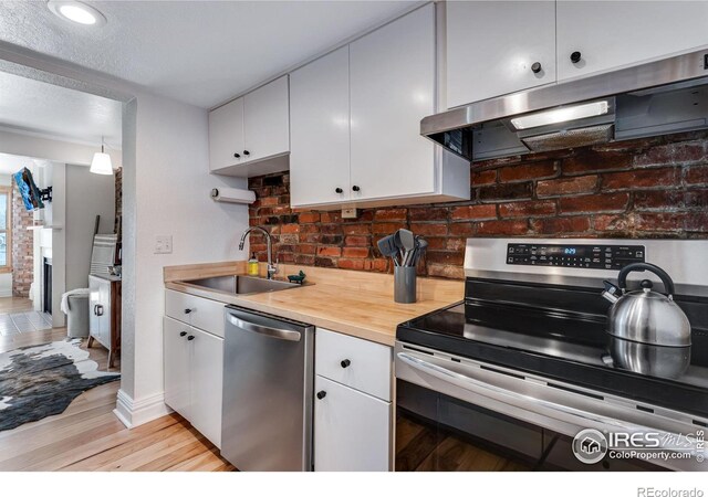 kitchen featuring appliances with stainless steel finishes, ventilation hood, a sink, and white cabinetry