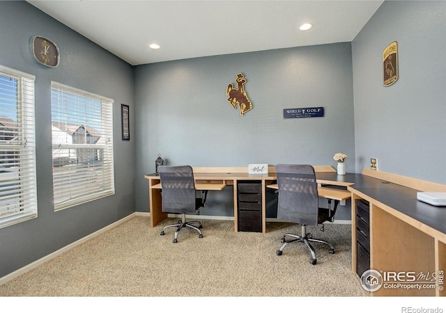 office featuring carpet floors, recessed lighting, and baseboards