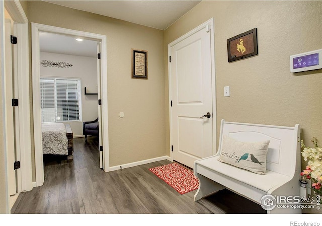 hall featuring dark wood-type flooring and baseboards