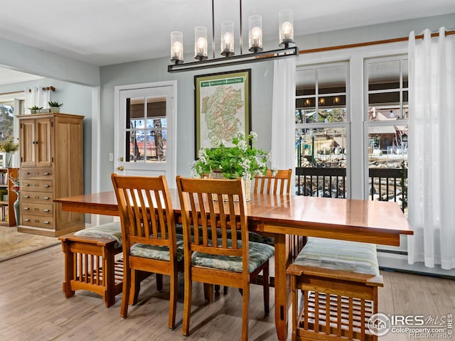 dining room with an inviting chandelier, a baseboard radiator, and light wood-style floors