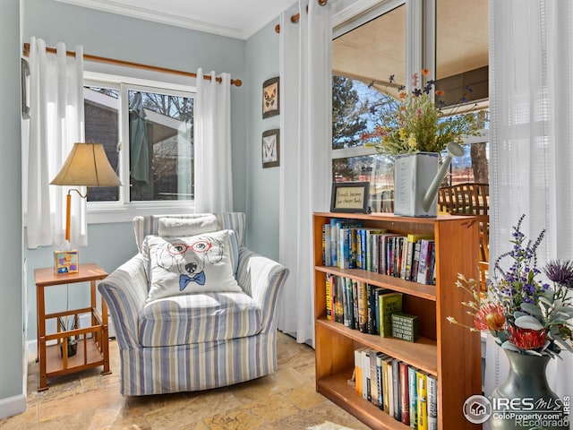 living area with ornamental molding