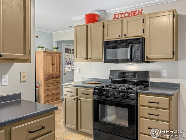 kitchen with dark countertops, black appliances, and crown molding