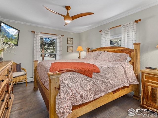 bedroom with a ceiling fan, ornamental molding, and dark wood-type flooring