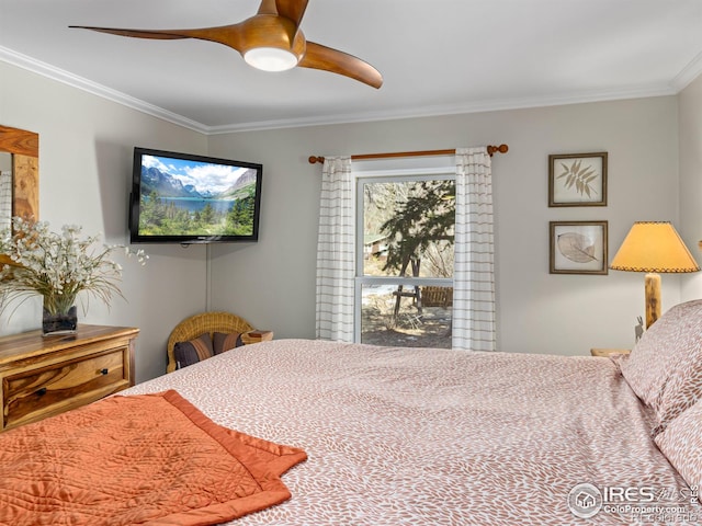 bedroom featuring ceiling fan and ornamental molding