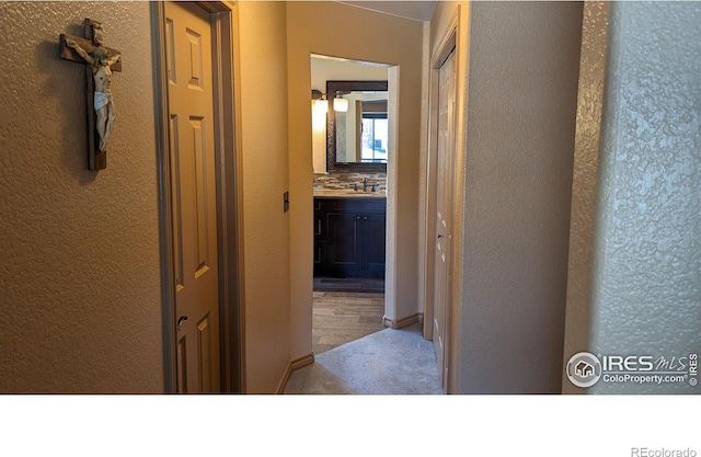 hall featuring a textured wall, a sink, and carpet flooring