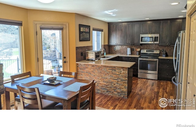 kitchen with stainless steel appliances, dark wood finished floors, backsplash, and a peninsula