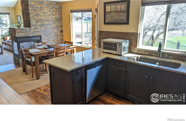 kitchen featuring a toaster, dark wood finished floors, stainless steel dishwasher, a sink, and a stone fireplace