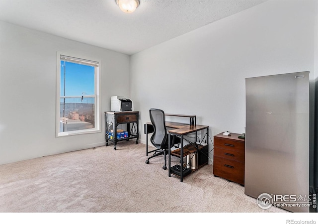 office space featuring light carpet and a textured ceiling