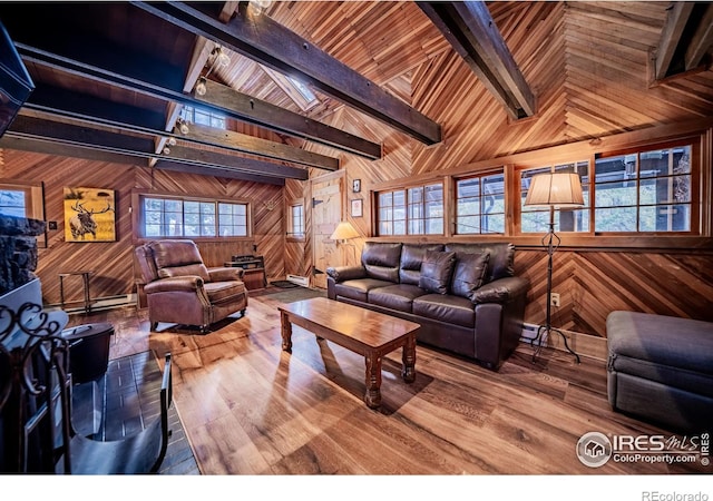 living room featuring beamed ceiling, wooden walls, and wood finished floors