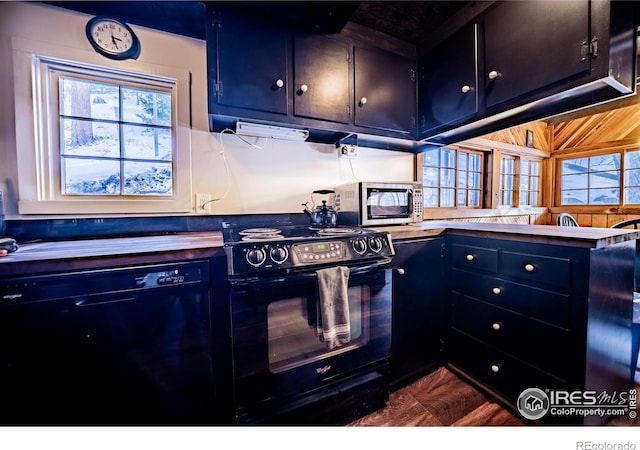 kitchen featuring black appliances and blue cabinetry