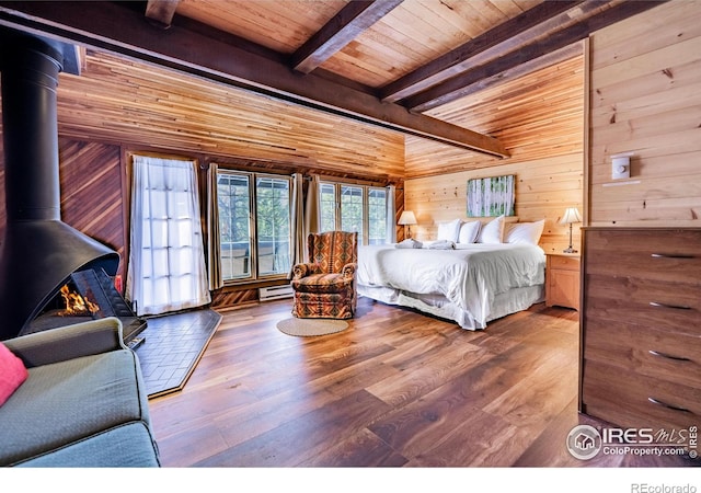 bedroom featuring a wood stove, wooden walls, wood finished floors, wooden ceiling, and beamed ceiling