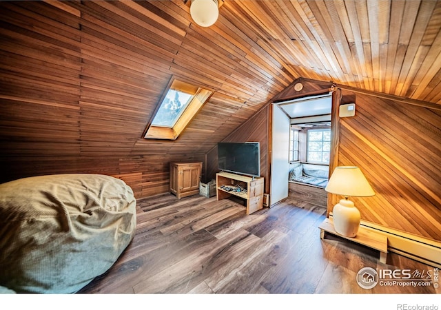 unfurnished room with lofted ceiling with skylight, wood walls, wooden ceiling, and wood finished floors