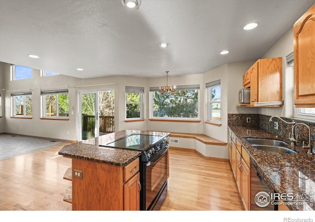 kitchen with plenty of natural light, a sink, light wood-style flooring, and black appliances