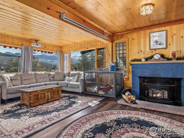 living room featuring wood walls, wood ceiling, a mountain view, and wood finished floors