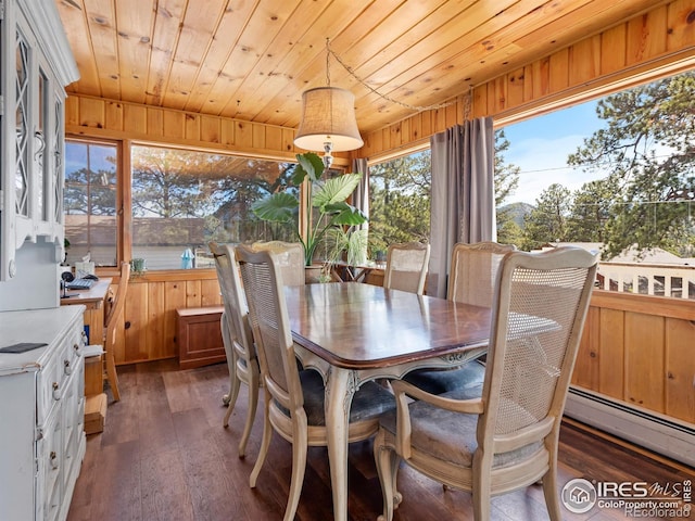 dining space featuring wood ceiling, baseboard heating, hardwood / wood-style flooring, and wooden walls