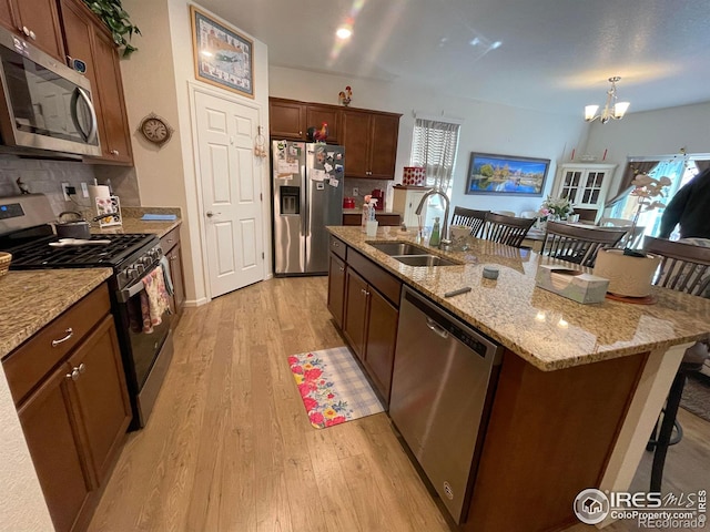 1431 Vantage Pkwy, Berthoud, CO 80513 - kitchen featuring stainless steel appliances, a sink, light wood finished floors, tasteful backsplash, and an island with sink