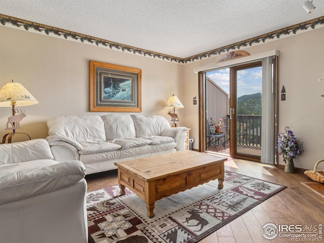 living area with a textured ceiling and hardwood / wood-style floors