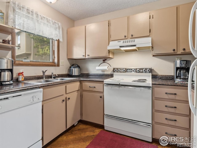 kitchen featuring white appliances, dark countertops, a textured ceiling, under cabinet range hood, and a sink