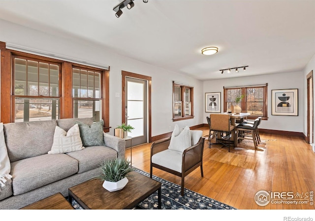 530 Laporte Ave, Fort Collins, CO 80521 - living room featuring rail lighting, light wood-style floors, and baseboards