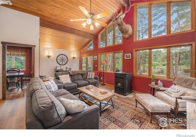 living area with wood ceiling, a wood stove, ceiling fan, wood finished floors, and high vaulted ceiling