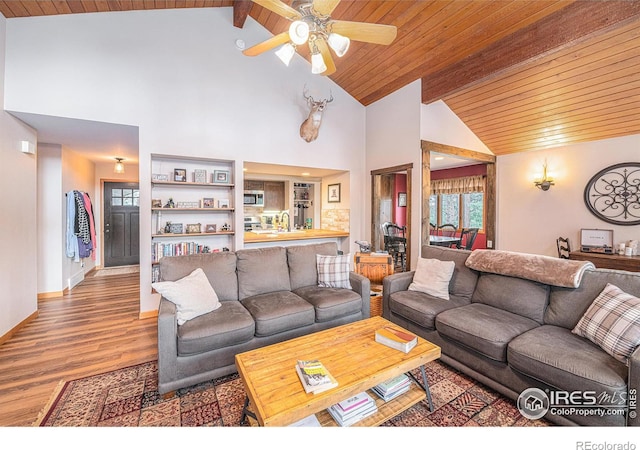 living room featuring high vaulted ceiling, wooden ceiling, wood finished floors, and beam ceiling