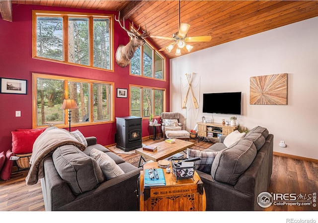 living room with beam ceiling, a wood stove, wood finished floors, high vaulted ceiling, and wooden ceiling