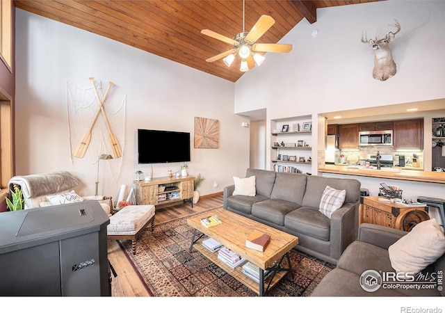 living area featuring ceiling fan, high vaulted ceiling, wooden ceiling, wood finished floors, and beam ceiling