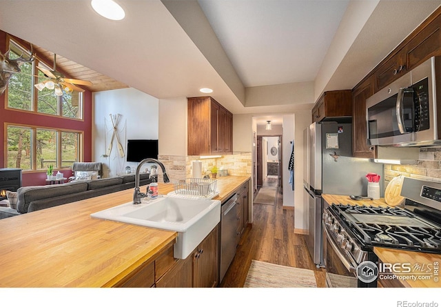 kitchen with stainless steel appliances, dark wood-style flooring, a sink, a ceiling fan, and open floor plan