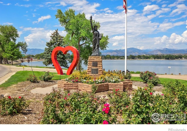 surrounding community with a water and mountain view